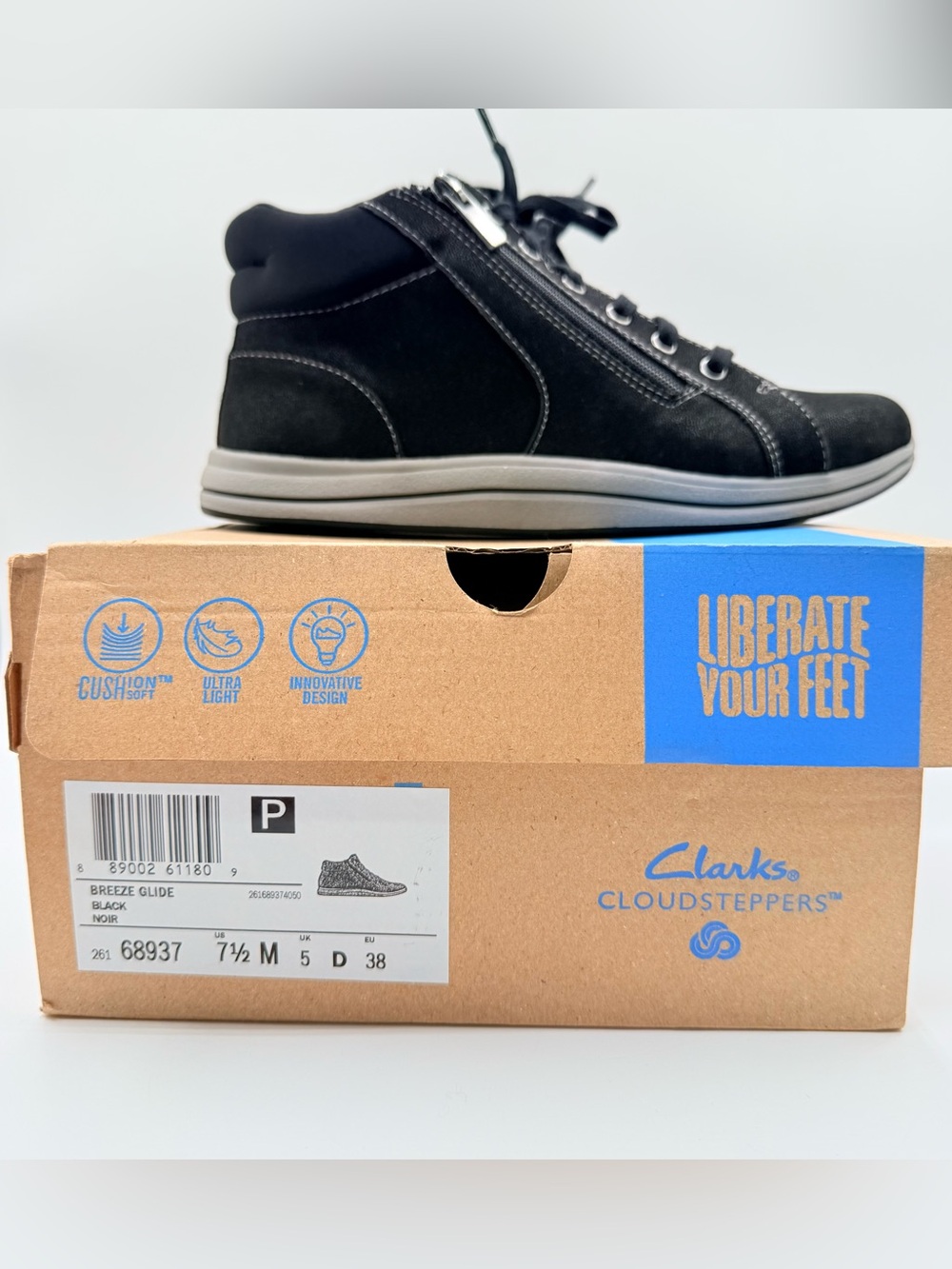 Clarks Cloudsteppers Breeze Glide Womens 7.5 M Black High Top Sneakers Zip New